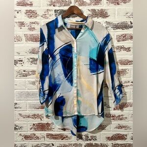 Chico’s Blouse Abstract High Low Convertible Sleeve Button Down Semi Sheer Sz 2